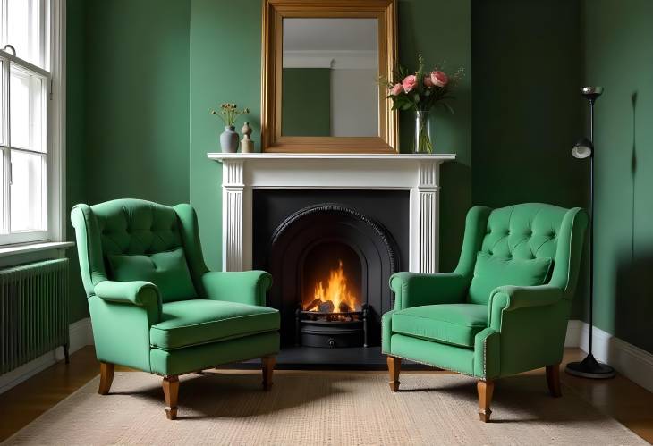 Retro Green Armchairs Next to the Fireplace in a Cozy Vintage Living Room